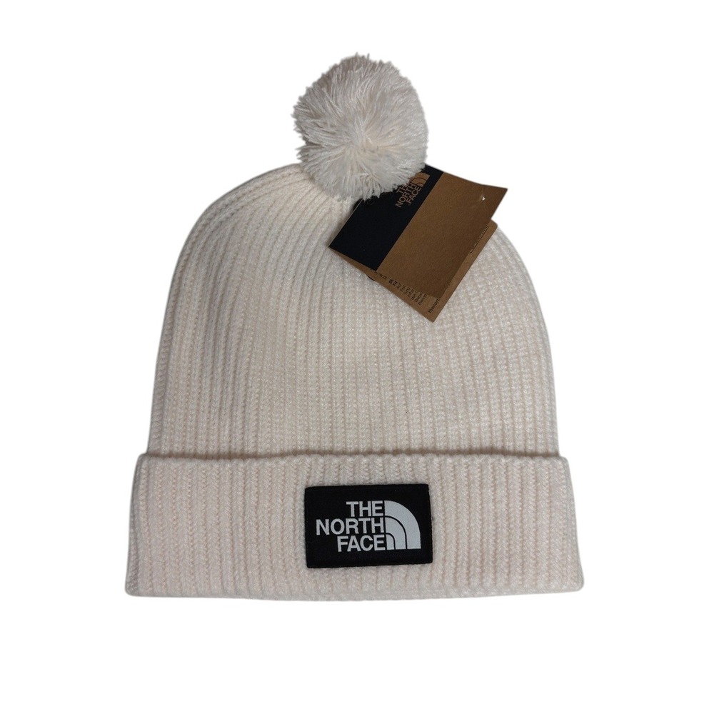 The North Face Logo Box Pom Beanie Unisex OS Gardenia White Winter Knit Warm Hat